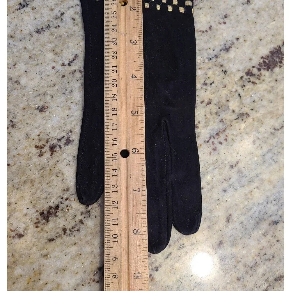 Vtg Women Sz S 6.5 Suede Black Gold Embroidered Geometric Formal Gloves 8.5